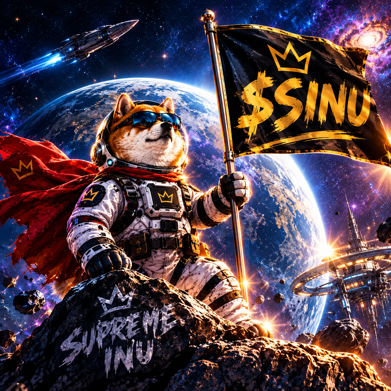 Cosmic Astronaut Triumph: Flag raised on an asteroid, with a space station and starship passing by.