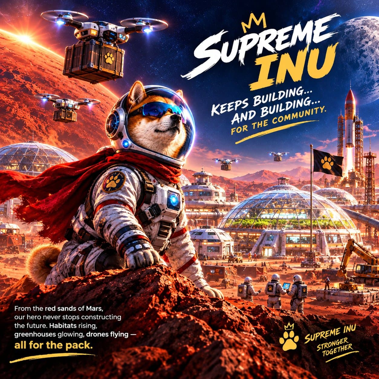 Keeps Building: Habitats rising, greenhouses glowing, drones flying: all for the pack.