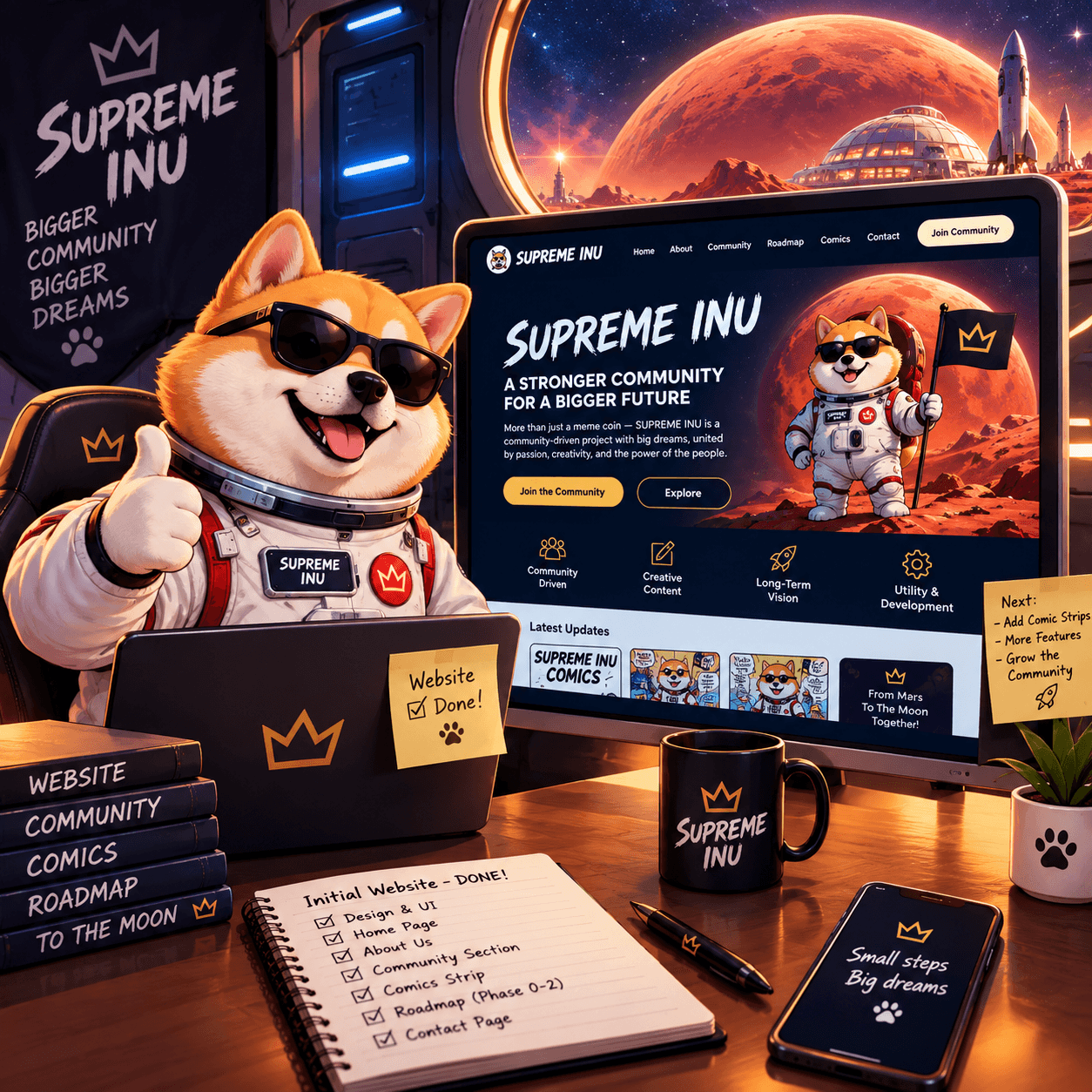 Website Launch HQ: Initial website: done. Next on the sticky note: comic strips, more features, a bigger community.
