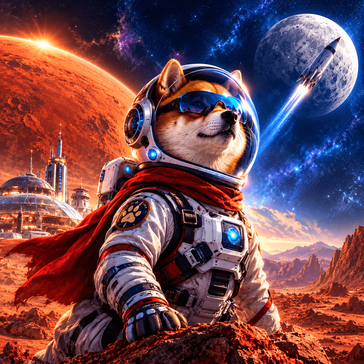 SUPREME INU, an astronaut Shiba Inu in a red cape on Mars